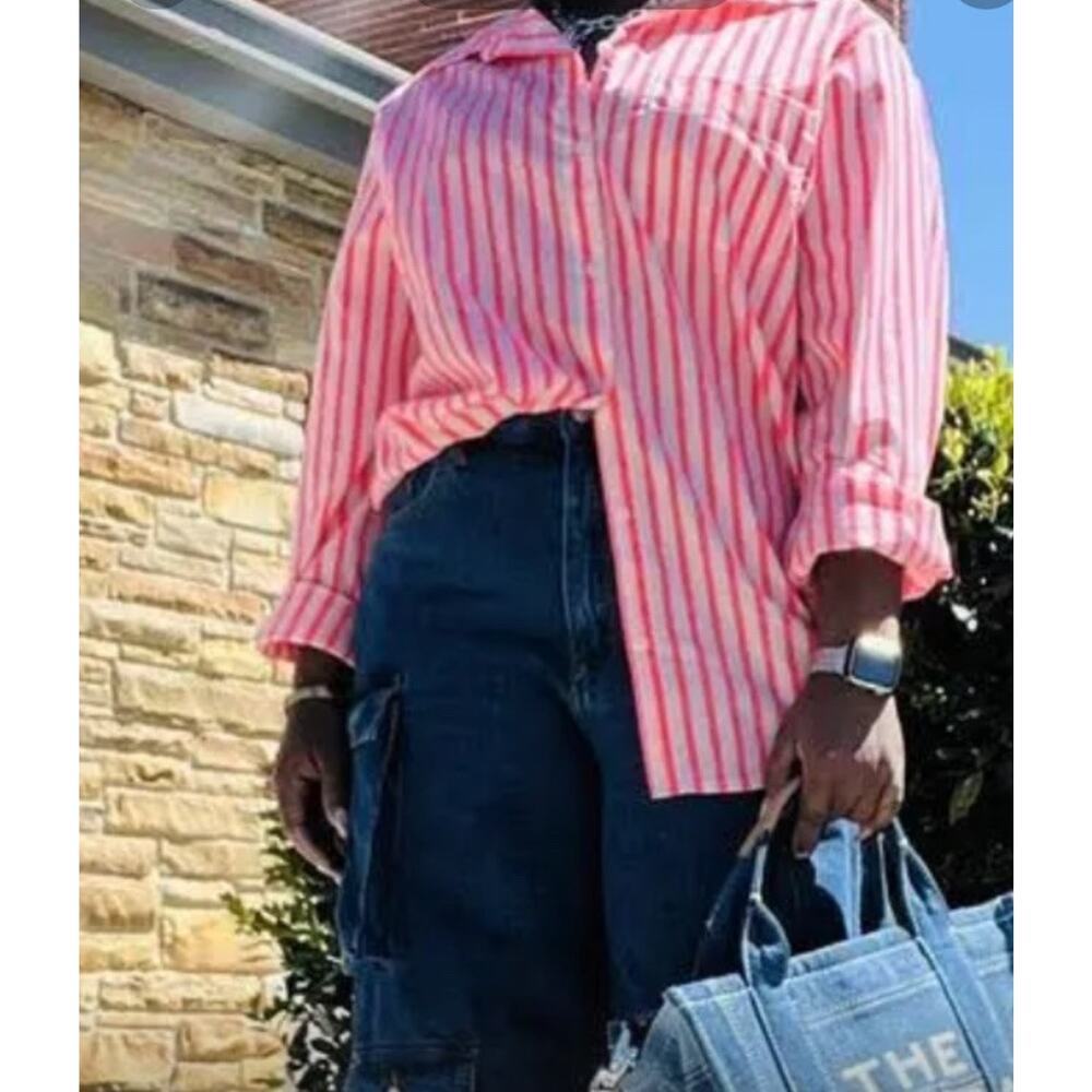 A New Day Women's Neon Pink Striped Long Sleeve Button Down Shirt Size S NWT